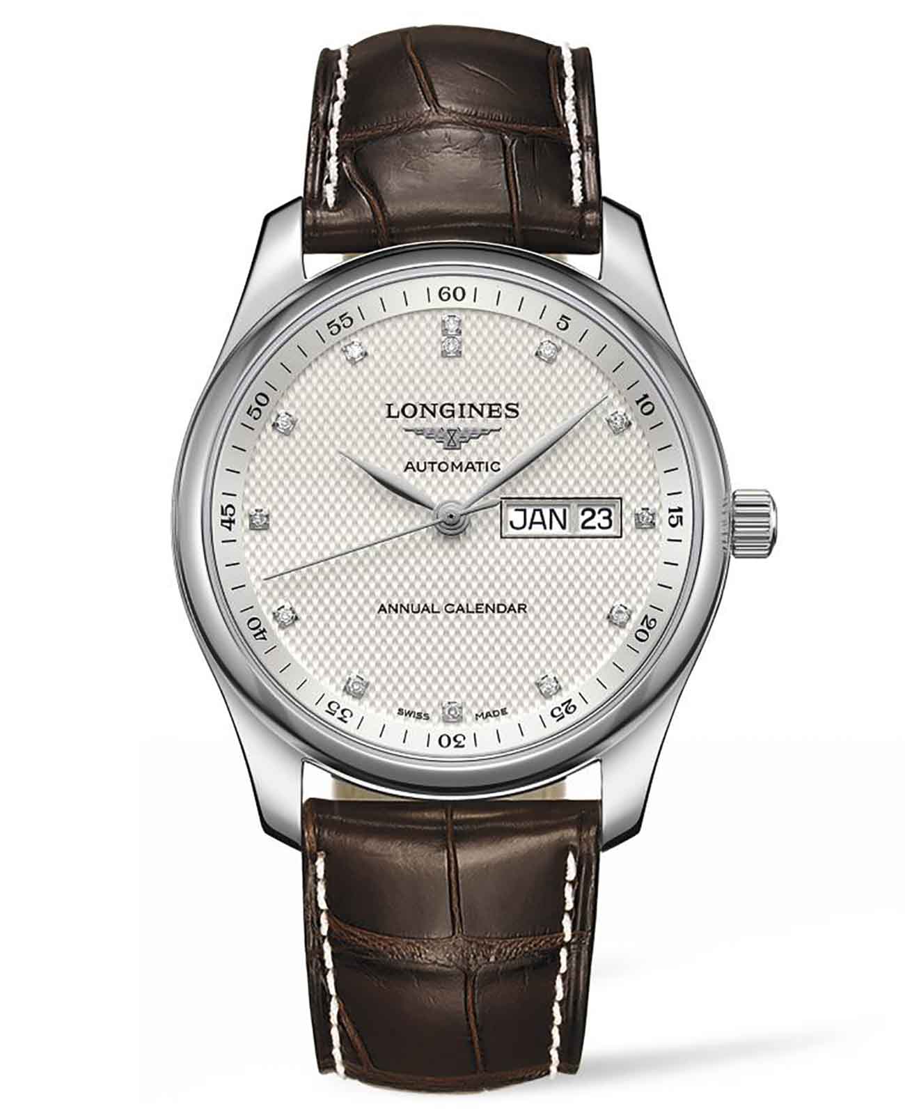 Longines Longines Master Collection L2.910.4.77.3  L29104773 механические мужские часы бежевый циферблат, браслет кожаный — вид спереди